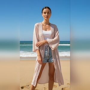 Crochet Sheer Linen Cover Up Maxi Kimono (Natural, Large) Festival Fairy